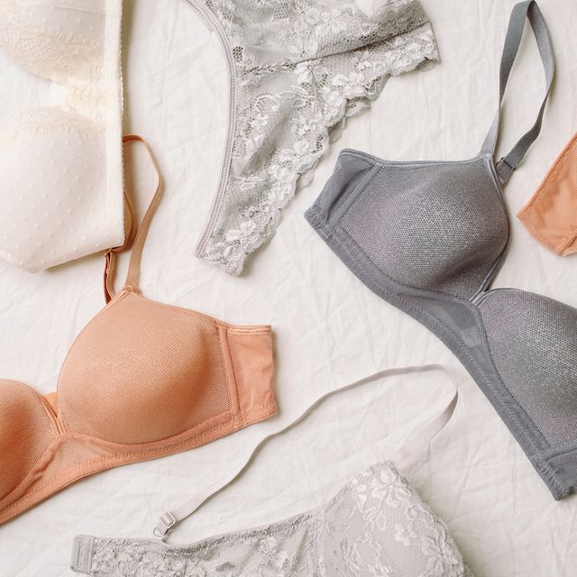 peach and grey wireless bras on bed