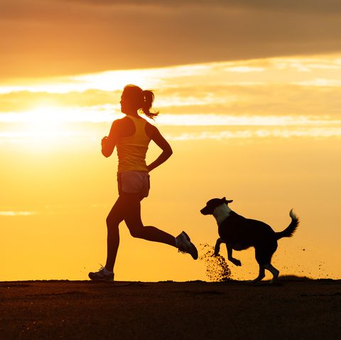 woman and dog running on beach at sunset