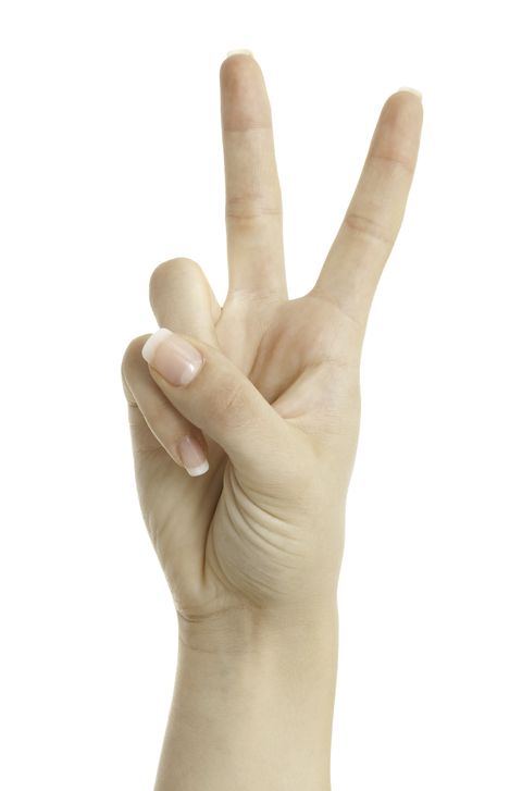 woman hand showing peace sign isolated on white background