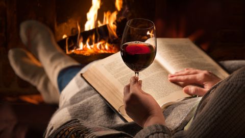 persoon leest boek met wijntje bij het vuur