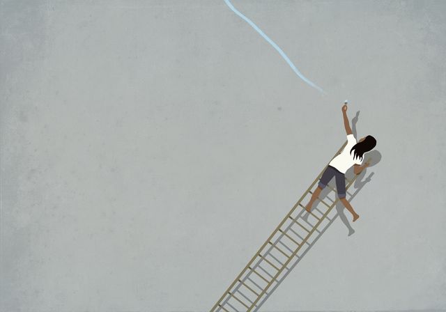 woman trying to paint blue line on falling ladder