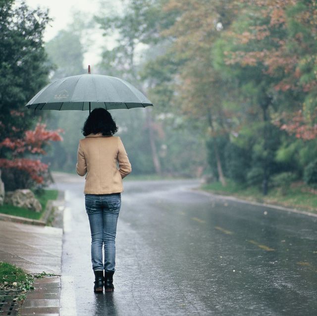 back view of a girl on rainy day