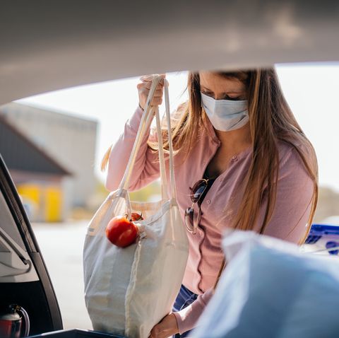 woman with face mask loading car after shopping while covid 19