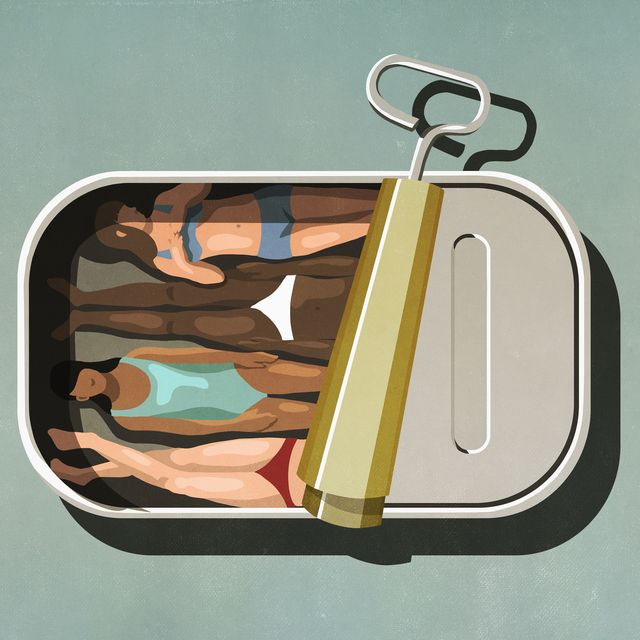 women sunbathing inside sardine can