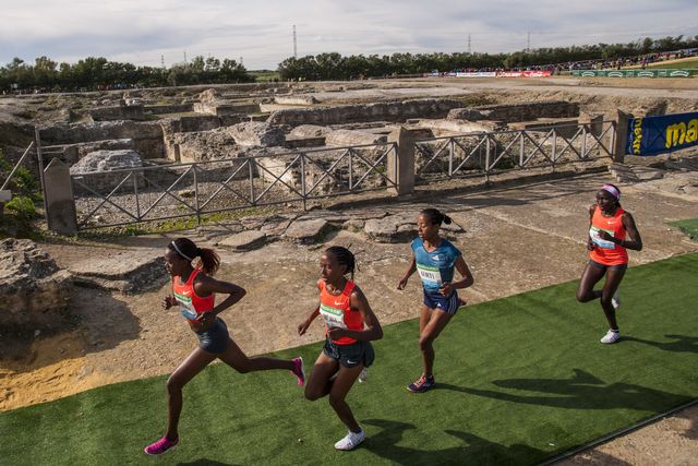 varias corredoras africanas corren por las ruinas de itálica en el cross de itálica en santiponce, sevilla, en 2016