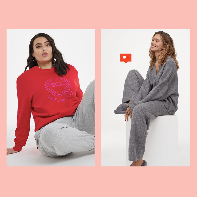 best womens loungewear to shop 2021, including plus size red jumper sweatshirt and a grey knitted set from hm