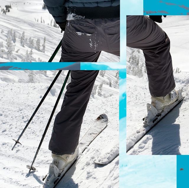 skier at top of mountain with grey ski pants and poles