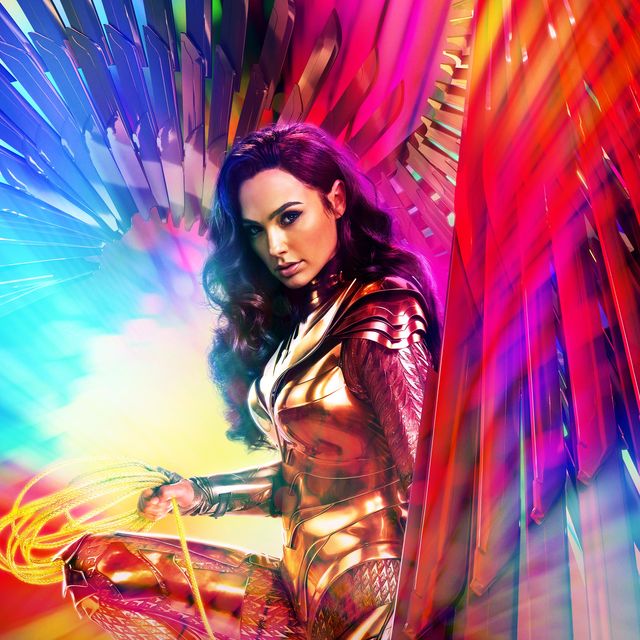 wonder woman 1984 poster featuring gal gadot in her golden armour, holding the lasso of truth