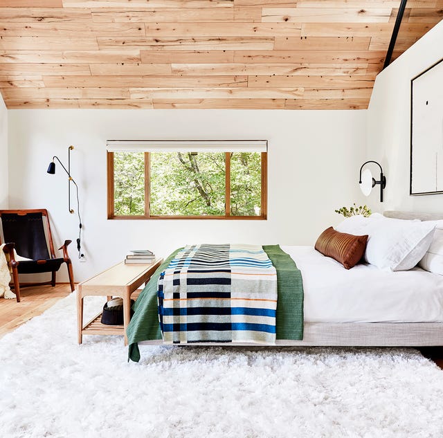 contemporary cabin bedroom with wood ceiling