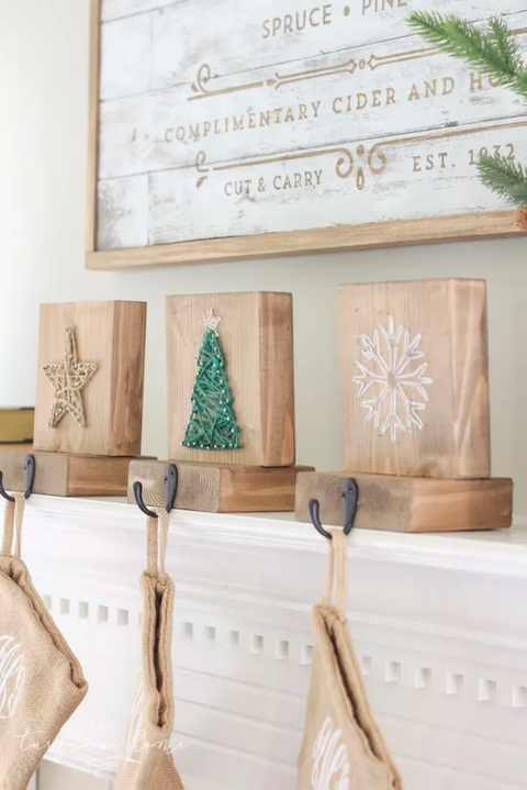 wooden block stocking holders diy christmas mantel decor