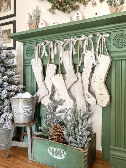 wooden stockings diy christmas mantel decor