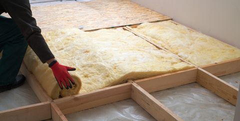winterization of home, winter energy saving tips 2020, work composed of mineral wool insulation in the floor, floor heating insulation , warm house, eco friendly insulation, a builder at work