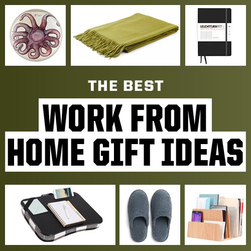 gifts for people who work from home including sweatshirts, glasses holders, lamps, slippers, paper weights, desk organizers, yetis bottles, notebooks, scarves, paper weights, mug warmers, and more