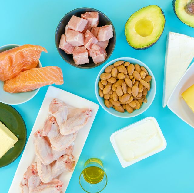 Ketogenic diet food. Low-carb food background, fish, meat, cheese, nuts, oil and butter on a blue background. mockup,  flatlay, flat lay Top view Keto diet concept.