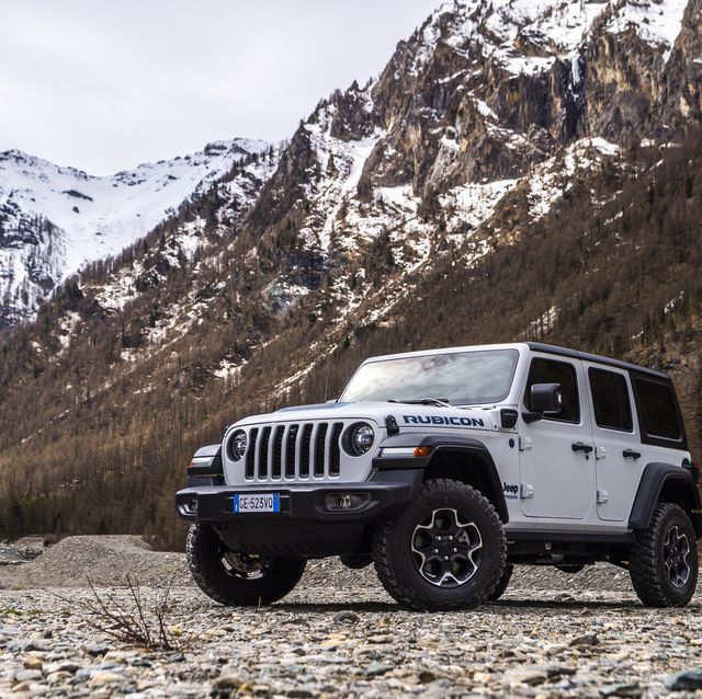 wrangler rubicon 4xe parked in front of mountains