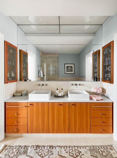 bathroom, wooden cabinets, double vanity
