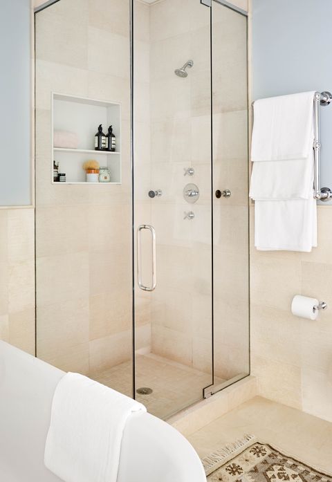 kathleen walsh bathroom, shower, cream tiles