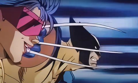 xmen la serie animada, wolverine y jubilee atacan desde la izquierda en la intro japonesa