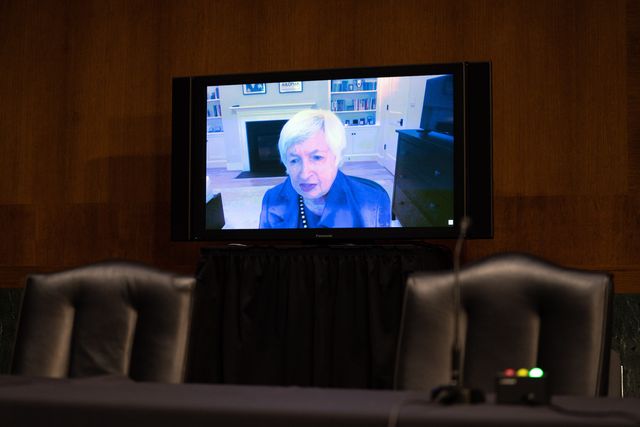 washington, dc   january 19 janet yellen, president elect joe biden's nominee for secretary of the treasury, participates remotely in a senate finance committee hearing on january 19, 2021 in washington, dc photo by anna moneymaker poolgetty images