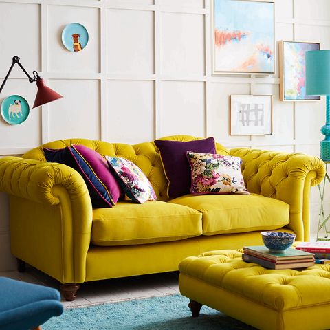 Couch, Living room, Furniture, Yellow, Room, Turquoise, Interior design, Orange, Sofa bed, studio couch, 