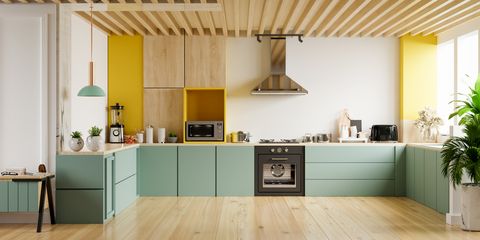 modern kitchen interior with furniturestylish kitchen interior with yellow wall3d rendering