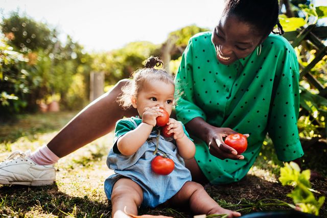 young baby eating fresh tomatoes with mom