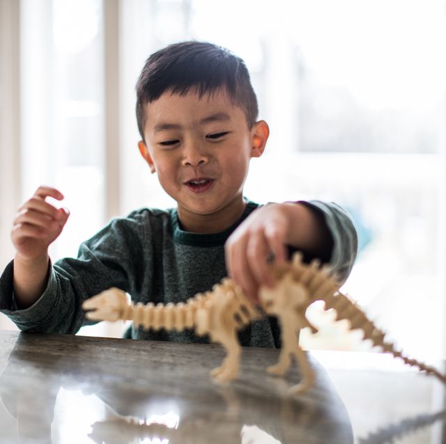 niño asiático jugando con dinosaurio