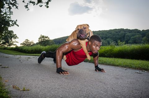 Young man doing pushups on rural road whilst giving dog a piggyback