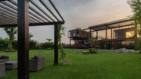 Yard, Backyard, Property, House, Architecture, Grass, Building, Roof, Courtyard, Garden, 