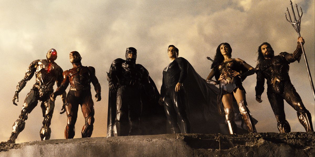 Victor Stone/Cyborg (Ray Fisher) far left, Barry White/Flash (Ezra Miller) left, Bruce Wayne/Batman (Ben Affleck) middle left, Clark Kent/Superman (Henry Cavill) middle right, Diana Prince/Wonder Woman (Gal Gadot) right, and Arthur Curry/Aquaman (Jason Mamoa) far right in "Zack Snyder's Justice League" (2021)