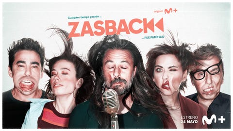 cartel promocional del programa zasback, de movistar, con pablo chiapella, anna castillo, hugo silva, maría león y andreu buenafuente
