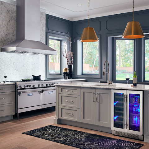 kitchen with zephyr preserv dual zone french door wine cooler