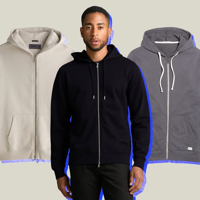 collage of a man wearing a black zip up hoodie with two other hoodies on each side of him