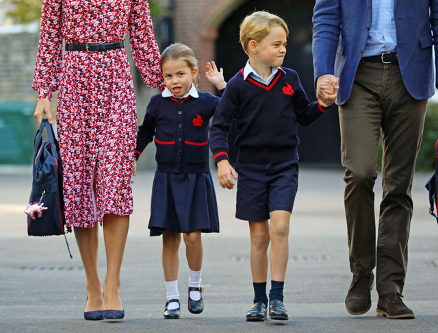 london, united kingdom   september 5 princess charlotte, waves as she arrives for her first day at school, with her brother prince george and her parents the duke and duchess of cambridge, at thomass battersea in london on september 5, 2019 in london, england photo by aaron chown   wpa poolgetty images