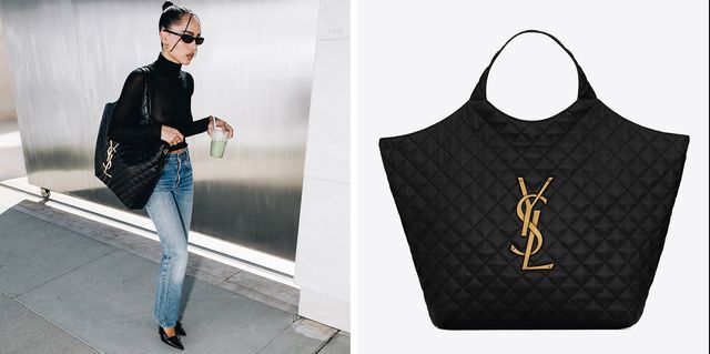 a composite image of zoë kravitz walking with a saint laurent shopping bag tote and a still image of the saint laurent shopping tote to illustrate a story about the tote 2022