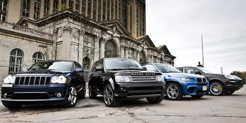 2010 jeep grand cherokee srt8, land rover range rover sport supercharged, bmw x5 m, and 2009 porsche cayenne turbo s
