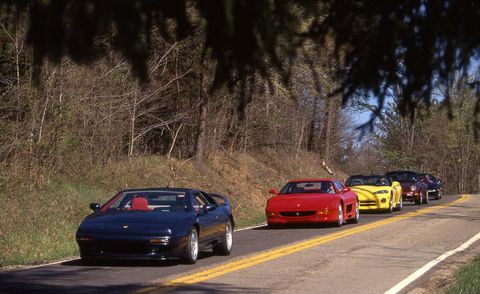 1995 acura nsx t, dodge viper rt10, ferrari f355, lotus esprit s4s, and porsche 911 turbo