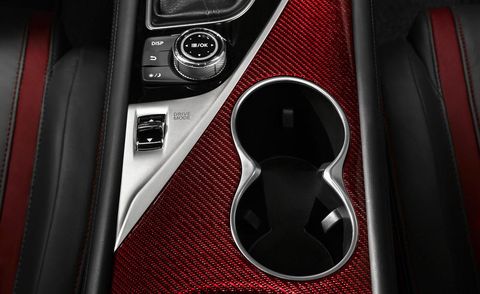 Automotive design, Red, Carmine, Gear shift, Carbon, Luxury vehicle, Center console, Supercar, Personal luxury car, Vehicle audio, 