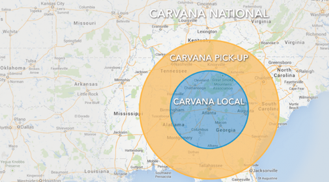 Carvana local, pick-up, and national areas