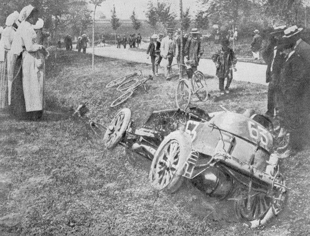 The aftermath of Marcel Renault's crash in the 1903 Paris-to-Madrid race.