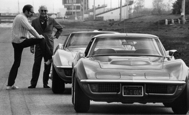 Zora Arkus-Duntov and Patrick Bedard with 1971 Corvettes