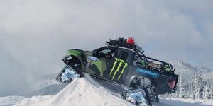 watch ken block, a raptortrax, and two pro snowboarders take on the mountain