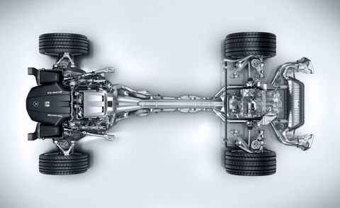 A V-8 connected via torque tube to a transaxle is Chevy’s recipe for balanced weight distribution, but save for the aging Aston Martin Vantage, none of the AMG GT’s more-direct competitors make use of it. Jaguar uses a conventional behind-the-engine transmission. Porsche hangs the engine off the back of the transaxle, while Audi’s mid-engined R8 sees the transaxle bolted to the back of the engine. The most similar car to the AMG, then, would be the new Ferrari California T, with its twin-turbo V-8 and rear-mounted trans, but the droptop Italian costs a lot more, while even the supercharged Vette Z06 will cost significantly less.