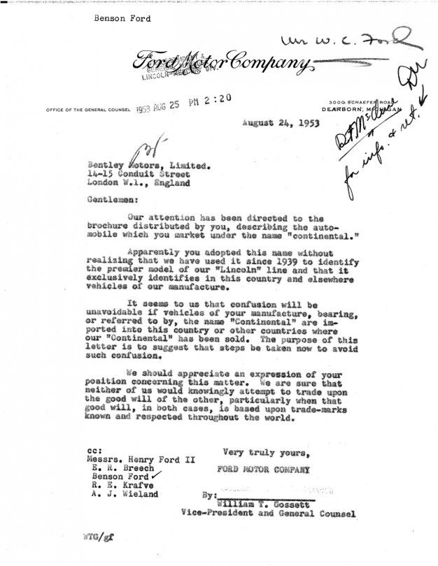 Ford's 1953 Letter to Bentley Regarding Continental Nameplate