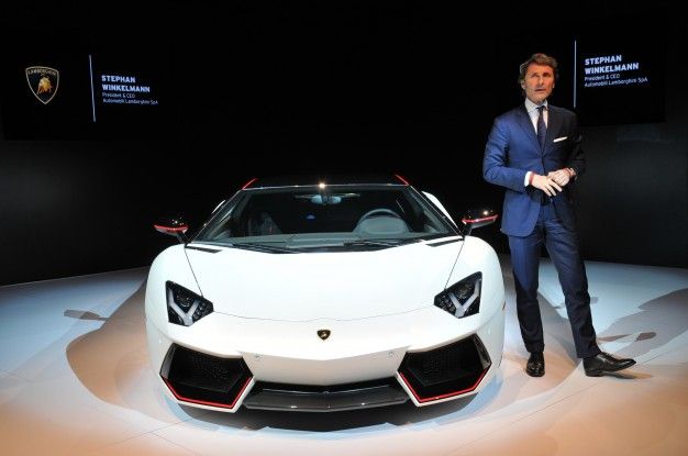 Lamborghini CEO Stephan Winkelmann speaks in Manhattan on April 1, 2015 to debut the Aventador Pirelli Edition. Photo by Lamborghini.