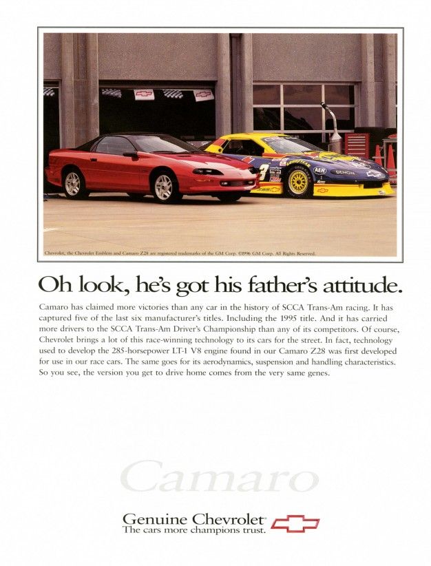 1996 chevrolet camaro z28 and race car advertisement
