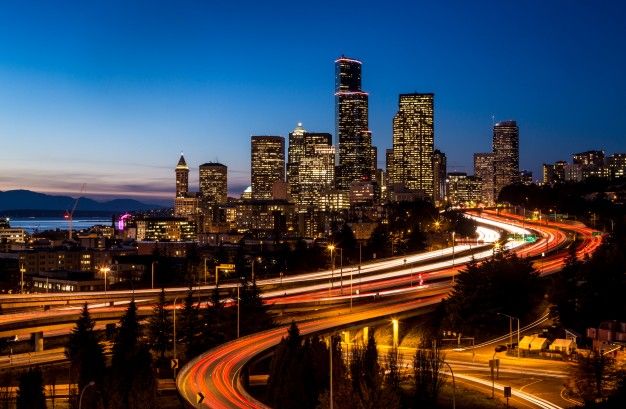 seattle highway and skyline at night