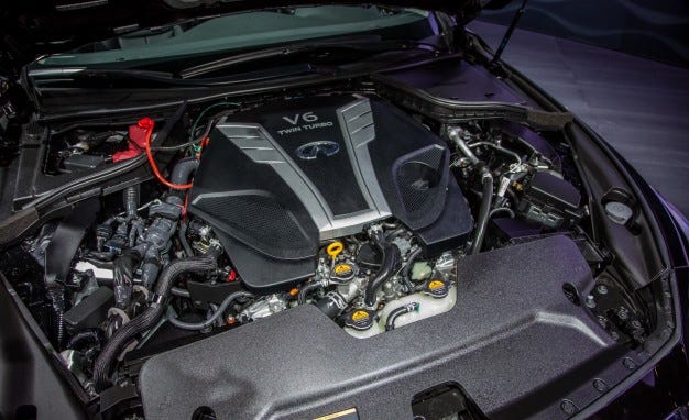 2016 Infiniti Q50S Red Sport twin-turbocharged 3.0-liter V-6 engine