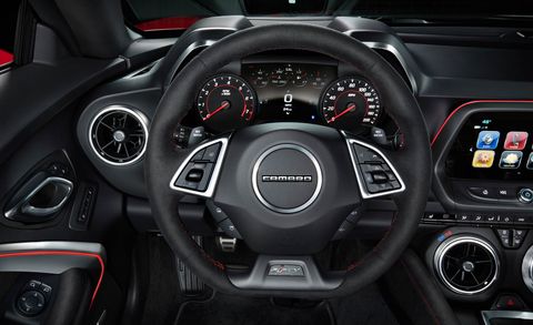 Motor vehicle, Mode of transport, Automotive design, Steering part, Steering wheel, Red, Speedometer, White, Car, Center console, 