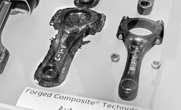 Lamborghini ACSL Detail - forged-composite connecting rods before and after trimming